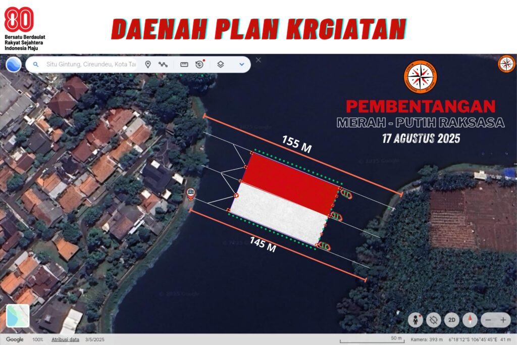 Peletakan posisi Bendera merah putih Raksasa di Setu Gintung Tangerang Selatan.