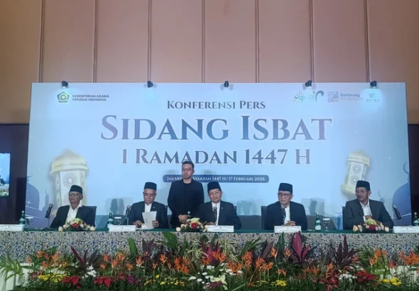 Konferensi pers hasil sidang isbat penentuan 1 Ramadan 1447 Hijriah oleh Menteri Agama, Nasaruddin Umar di Hotel Borobudur, Jakarta Pusat pada Selasa (17/2/2026).