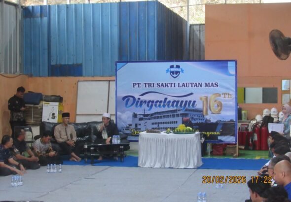 PT Pelayaran Trisakti Lautan Mas (Trimas) menggelar pengajian dan doa bersama dalam rangka memperingati hari ulang tahun ke-16 perusahaan, Jumat (20/02/2026). FOTO: Budi05/portalbmi.id