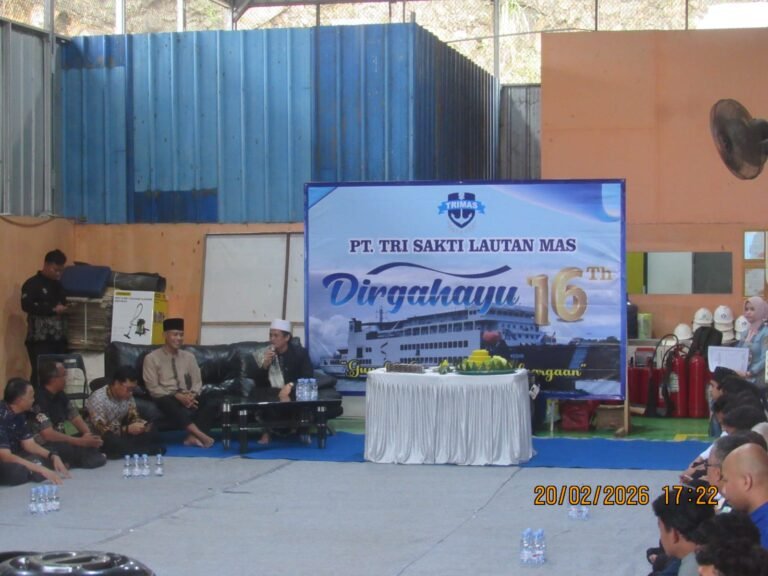 PT Pelayaran Trisakti Lautan Mas (Trimas) menggelar pengajian dan doa bersama dalam rangka memperingati hari ulang tahun ke-16 perusahaan, Jumat (20/02/2026). FOTO: Budi05/portalbmi.id