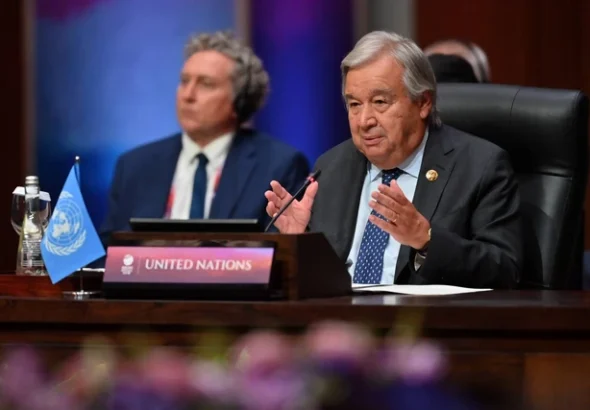 Sekjen PBB Antonio Guterres menyampaikan pandangannya dalam KTT ke-13 ASEAN-PBB di Jakarta, Kamis (7/9/2023). Foto: Akbar Nugroho Gumay/ANTARA FOTO