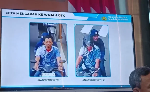 Wajah dua orang pelaku penyiraman air keras terhadap Andrie Yunus yang disampaikan oleh Dirreskrimum Polda Metro Jaya, Kombes Pol Iman Imannudin pada Rabu (18/3). FOTO: Dirreskrimum Polda