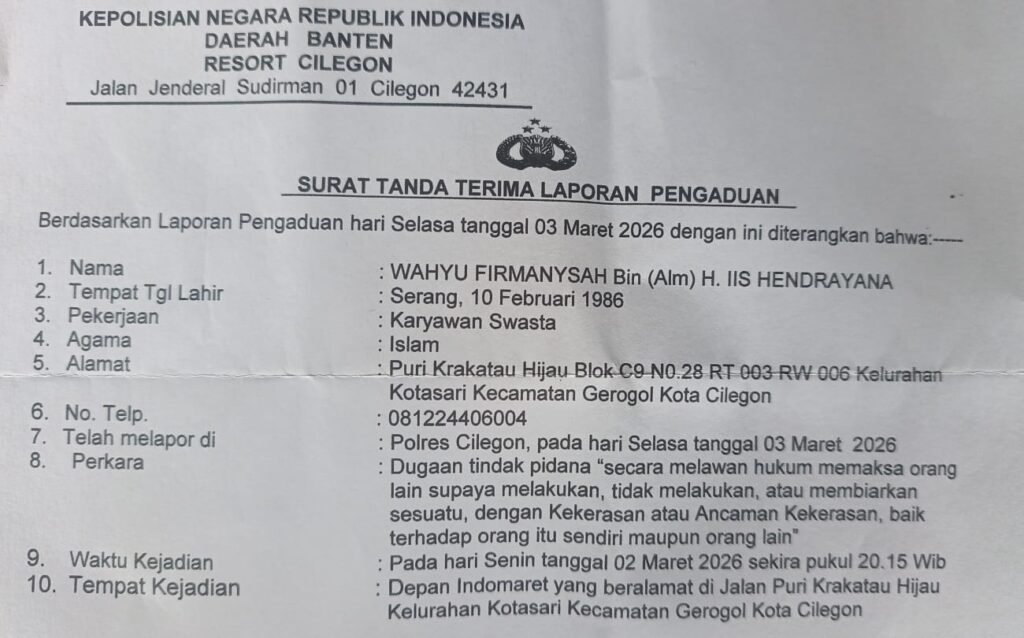 Wahyu Firmansyah (40), melaporkan dugaan tindak pidana intimidasi dan pemaksaan yang disertai ancaman kekerasan ke Unit Reserse Kriminal (Reskrim) Polres Cilegon. FOTO: Budi05/portalbmi.id