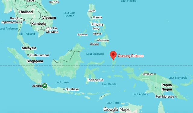 Lokasi Gunung Dukono di Pulau Halmahera, Provinsi Maluku Utara Foto: Google Maps