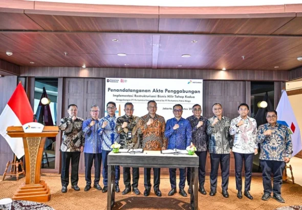 Penandatanganan Akta Penggabungan (merger) PT Pertamina Energy Terminal (PET) ke PT Pertamina Patra Niaga (PPN) di Jakarta pada Senin (1/9/2026). Foto. Dok. Pertamina