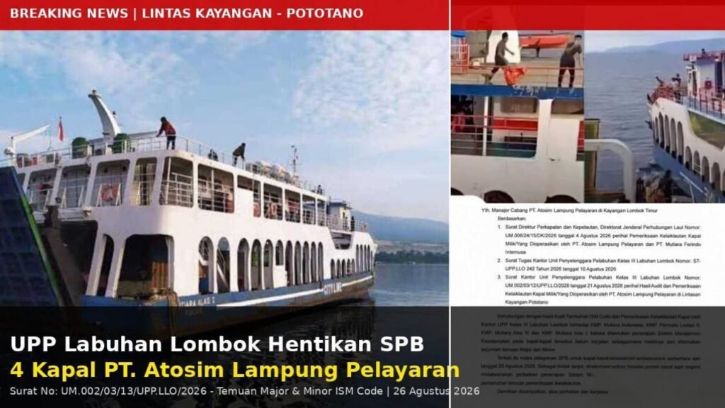 Kantor Unit Penyelenggara Pelabuhan (UPP) Kelas III Labuhan Lombok resmi menghentikan sementara pelayanan Surat Persetujuan Berlayar (SPB) terhadap 4 armada milik PT. Atosim Lampung Pelayaran. FOTO: PORTALBMI.ID