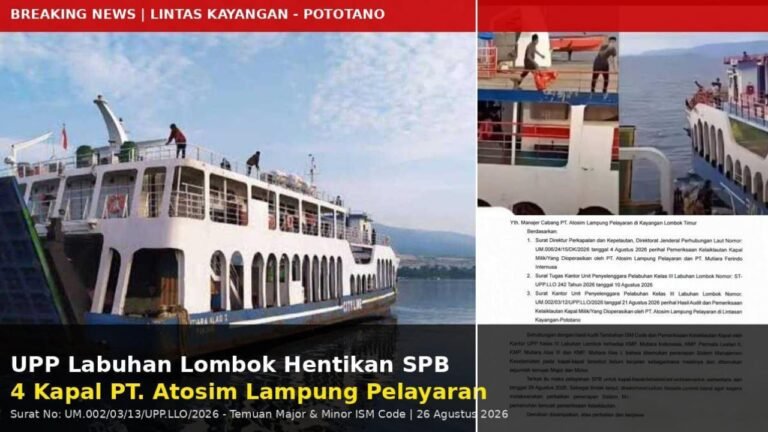 Kantor Unit Penyelenggara Pelabuhan (UPP) Kelas III Labuhan Lombok resmi menghentikan sementara pelayanan Surat Persetujuan Berlayar (SPB) terhadap 4 armada milik PT. Atosim Lampung Pelayaran. FOTO: PORTALBMI.ID