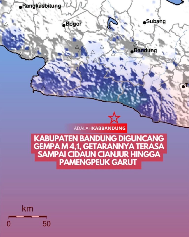 Hasil analisis BMKG menunjukkan bahwa gempabumi ini memiliki parameter update dengan magnitudo M 4,1. Episenter gempabumi terletak pada koordinat 7.69 LS dan 107.37 BT. FOTO: BMKG