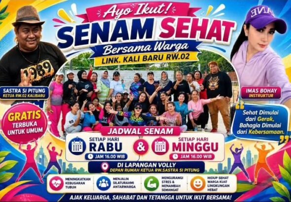 Lingkungan Kali Baru RW.02. di Kelurahan Gerem, Kecamatan Grogol, Kota Cilegon Kegiatan Senam Sehat Bersama yang rutin digelar di Lapangan Volly. FOTO: PORTALBMI.ID